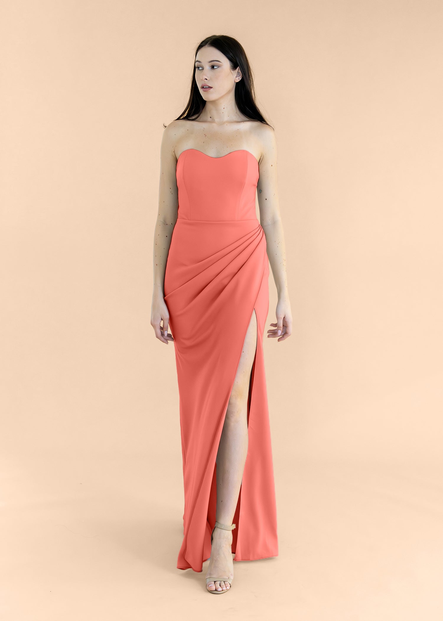 Strapless-Draped-Crepe-Coral