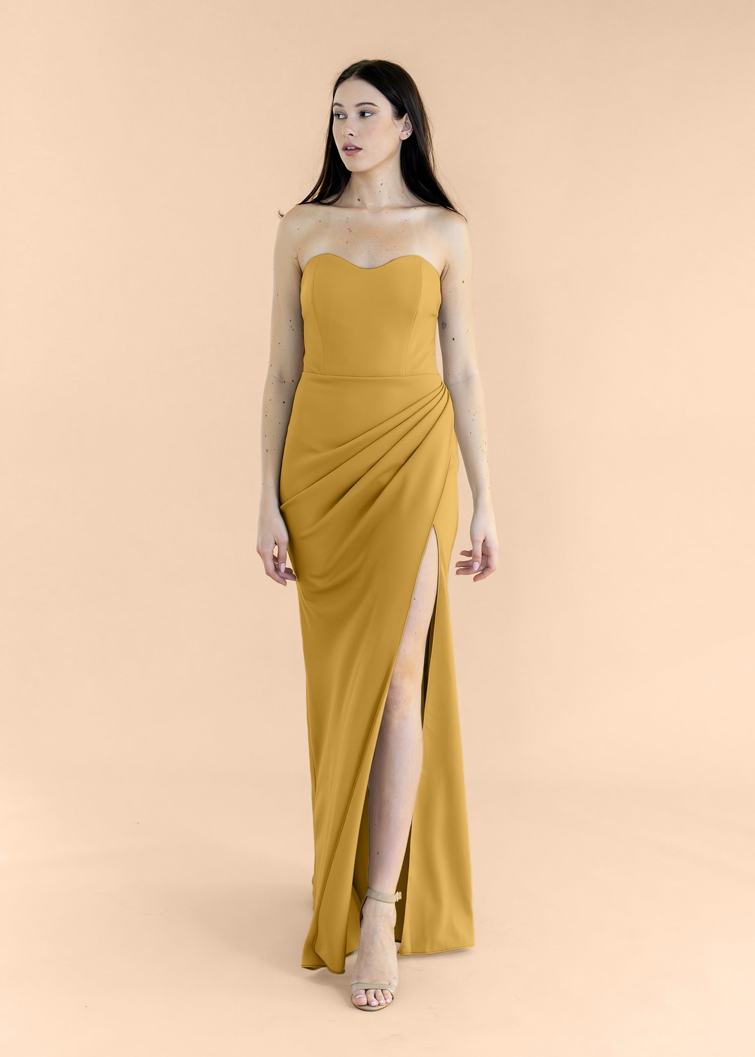 Strappless-Draped-Crepe-Gold